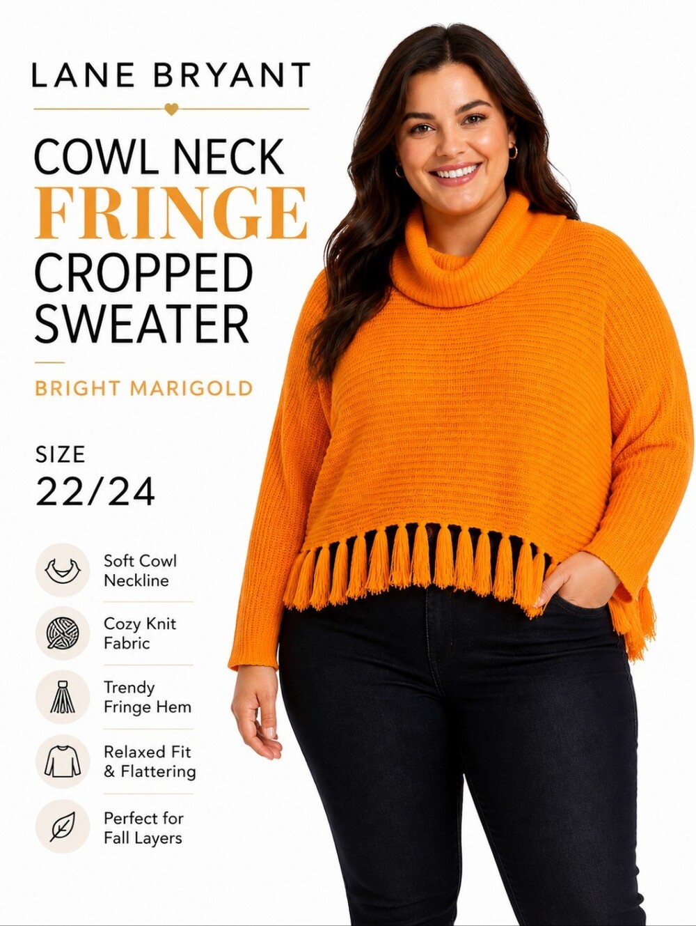 Lane Bryant Bright Marigold Cowl Neck Fringe Sweater Size 22/24